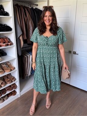 Bloomchic Ditsy Floral Sweetheart Drawstring Pocket Tiered Dress
